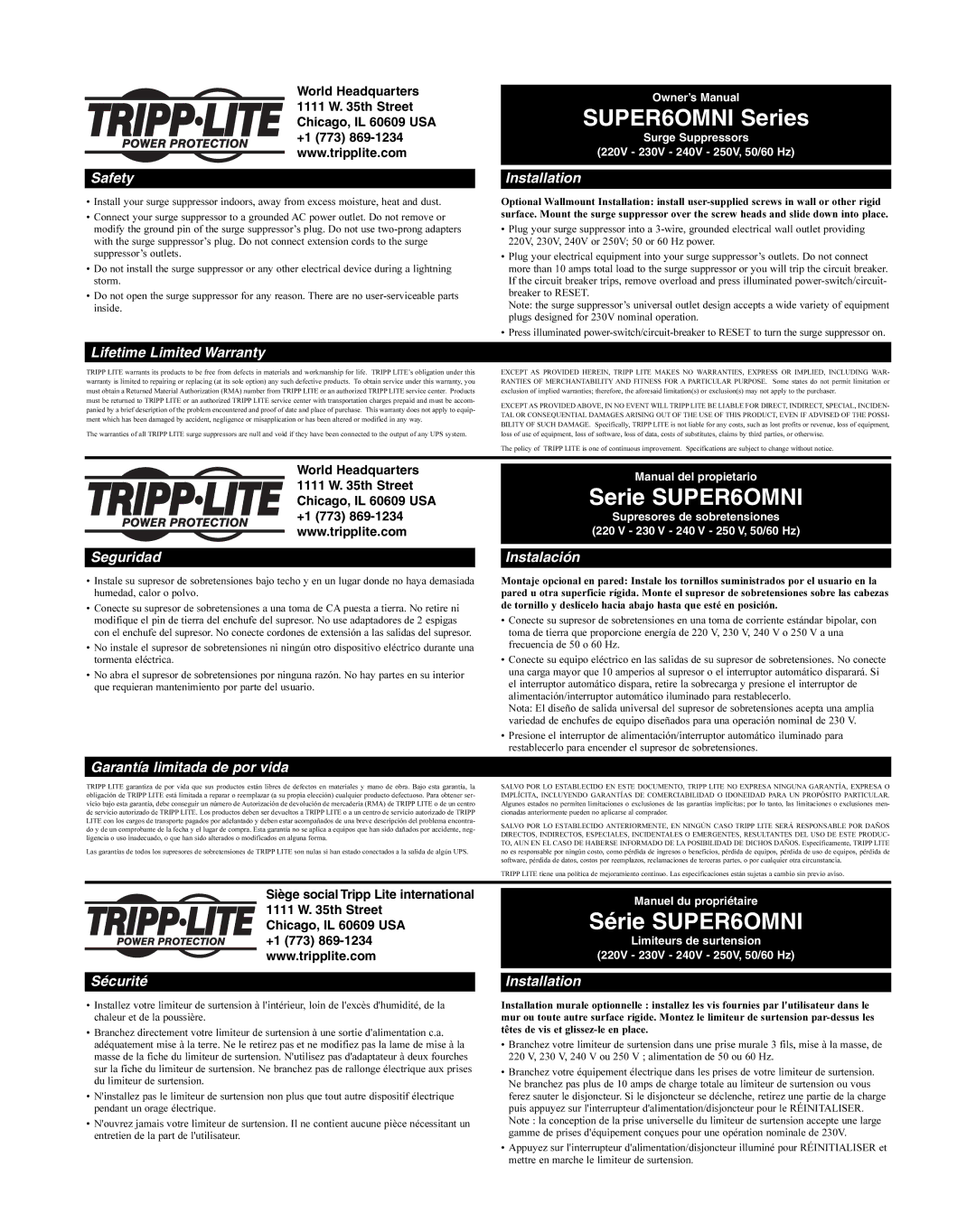 Tripp Lite 93-2234 owner manual SUPER6OMNI Series, Serie SUPER6OMNI, Série SUPER6OMNI 