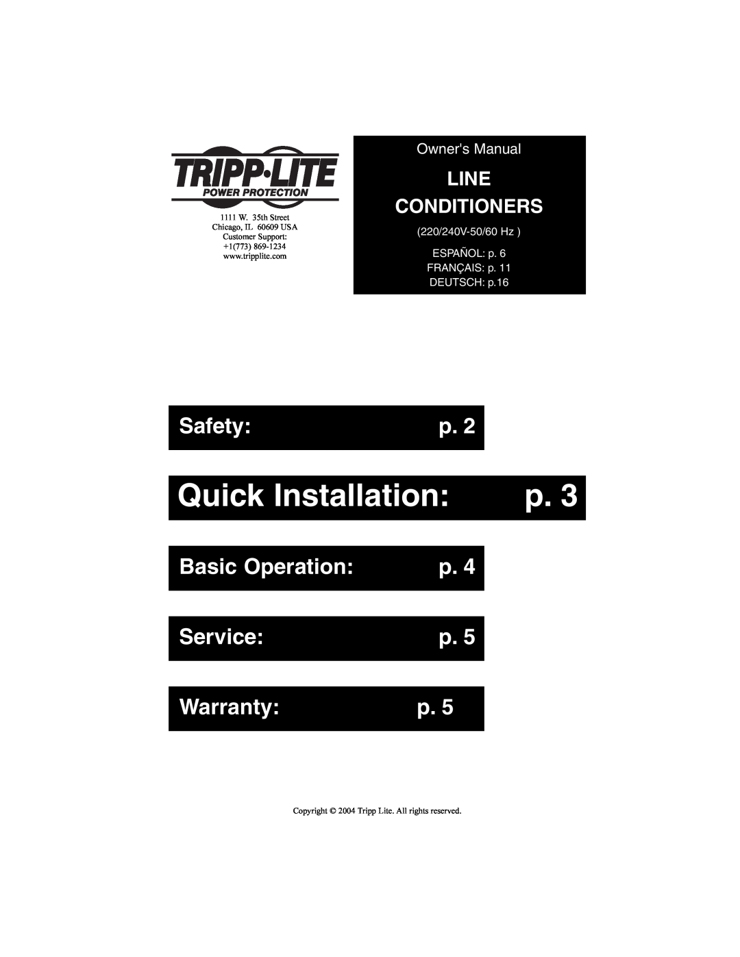 Tripp Lite 93-2268_EN owner manual Quick Installation, Safety, Basic Operation, Service, Warranty, Line Conditioners 