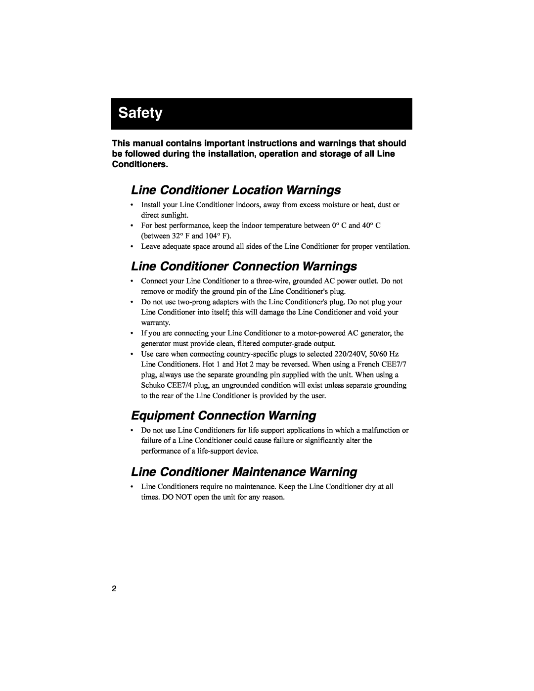 Tripp Lite 93-2268_EN owner manual Safety, Line Conditioner Location Warnings, Line Conditioner Connection Warnings 