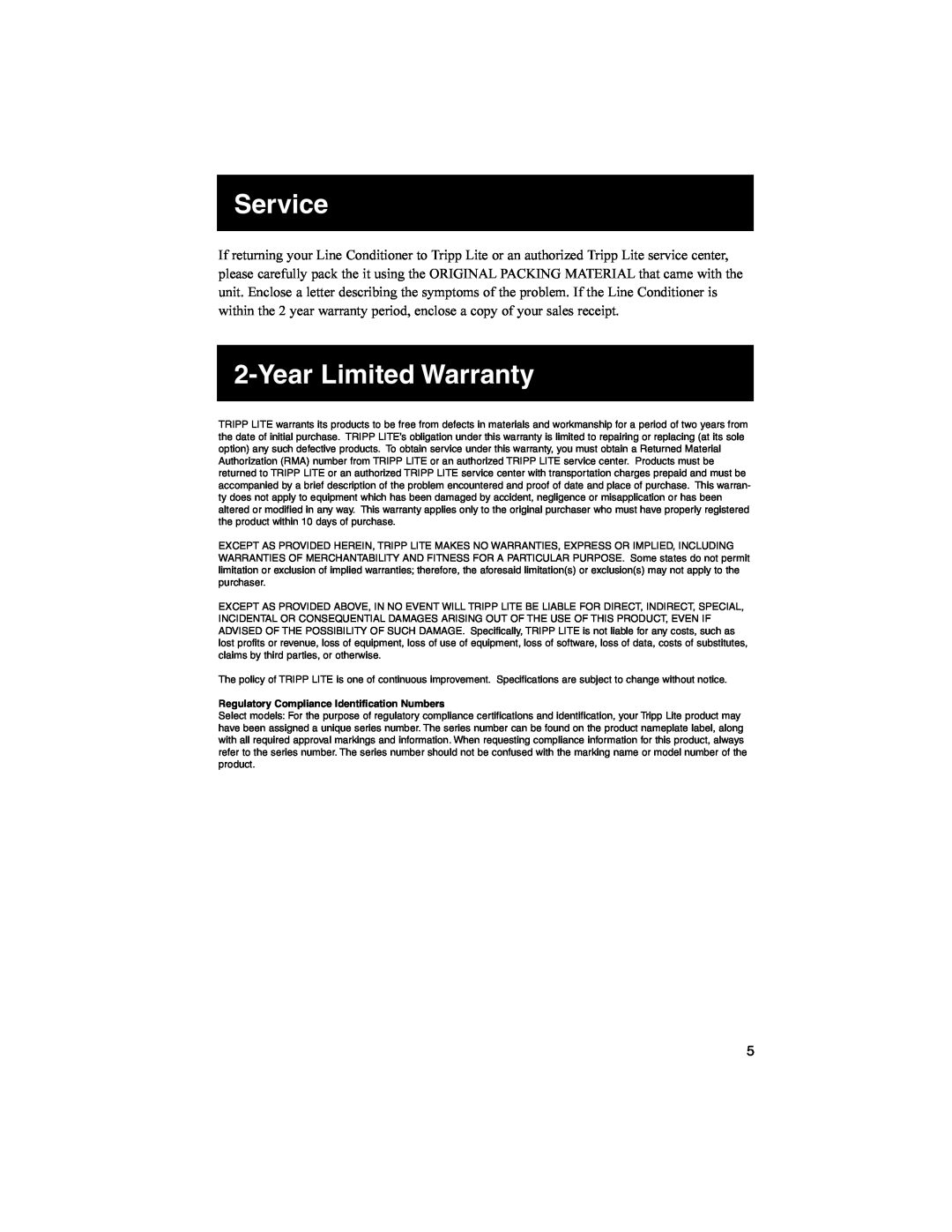Tripp Lite 93-2268_EN owner manual Service, Year Limited Warranty, Regulatory Compliance Identification Numbers 