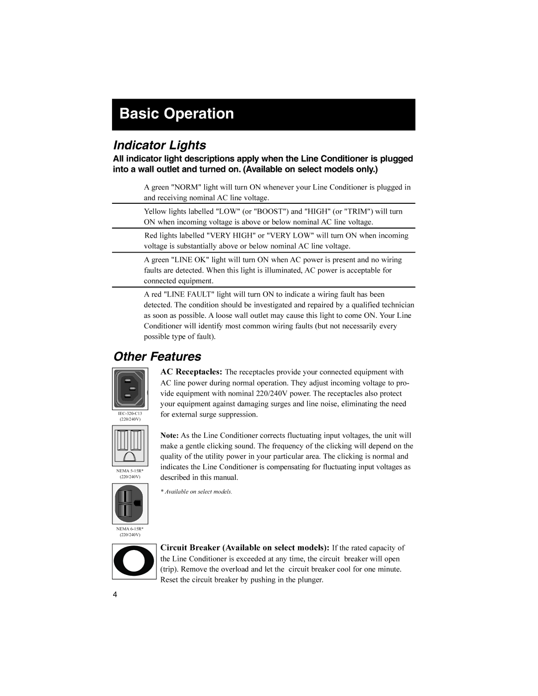 Tripp Lite 93-2268_EN owner manual Basic Operation, Indicator Lights, Other Features 