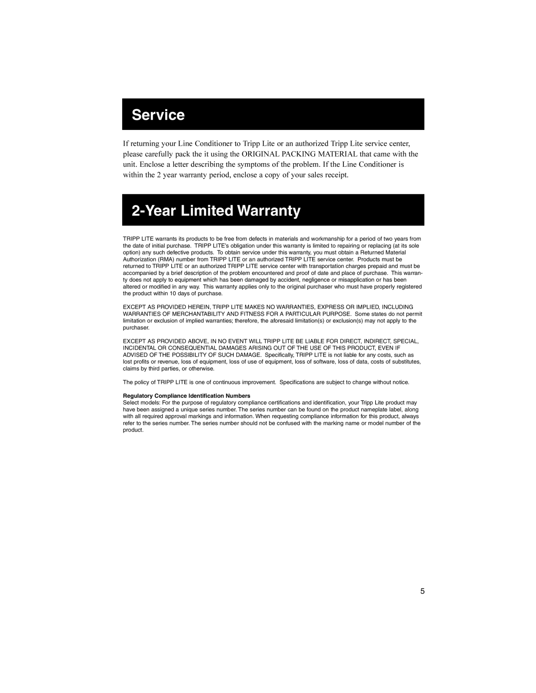 Tripp Lite 93-2268_EN owner manual Service, Year Limited Warranty 