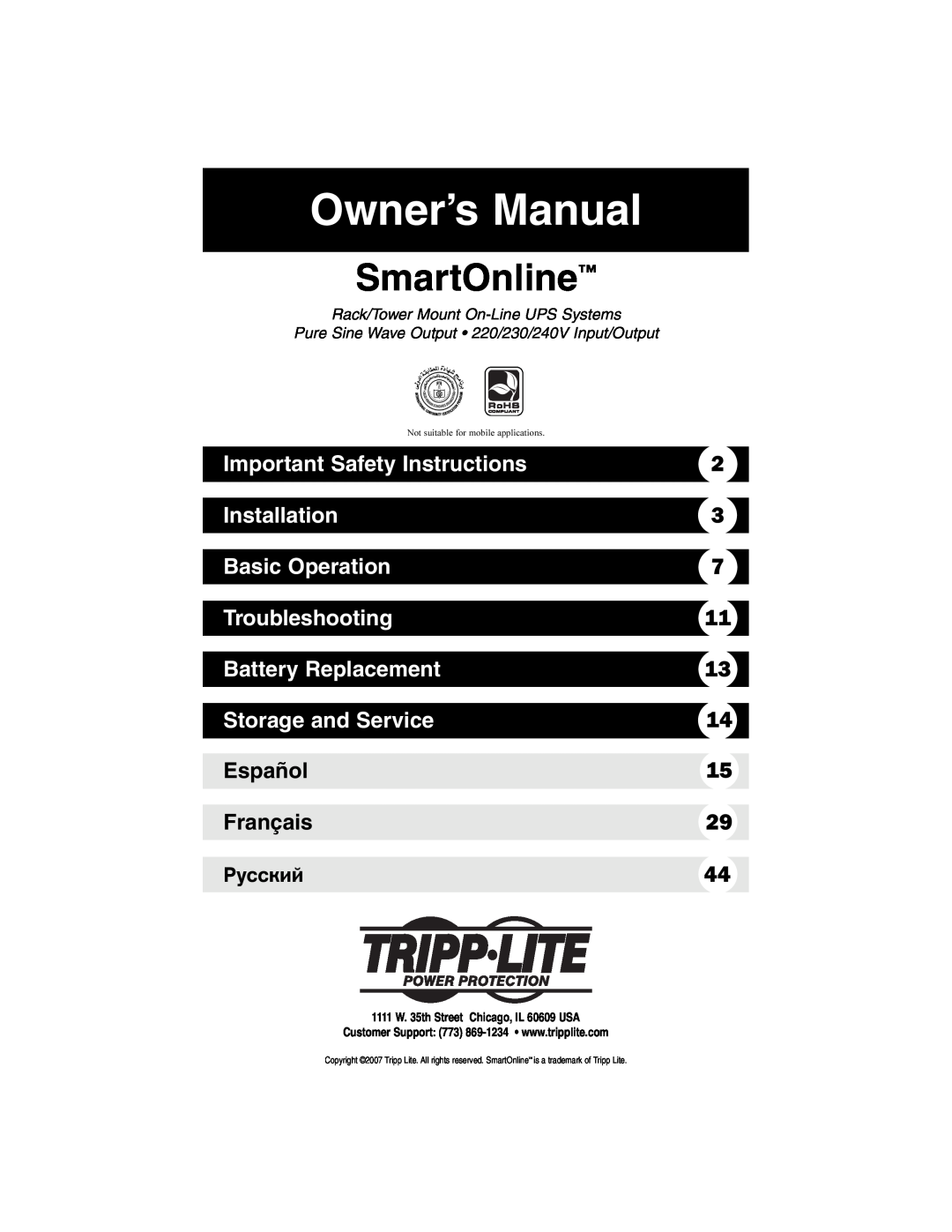Tripp Lite 200703028 owner manual Important Safety Instructions, Installation, Basic Operation, Troubleshooting, Español 