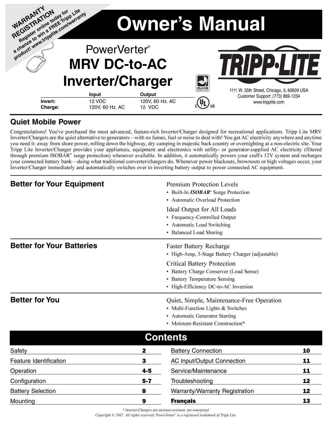 Tripp Lite 93-2642 owner manual Inverter/Charger, Contents 