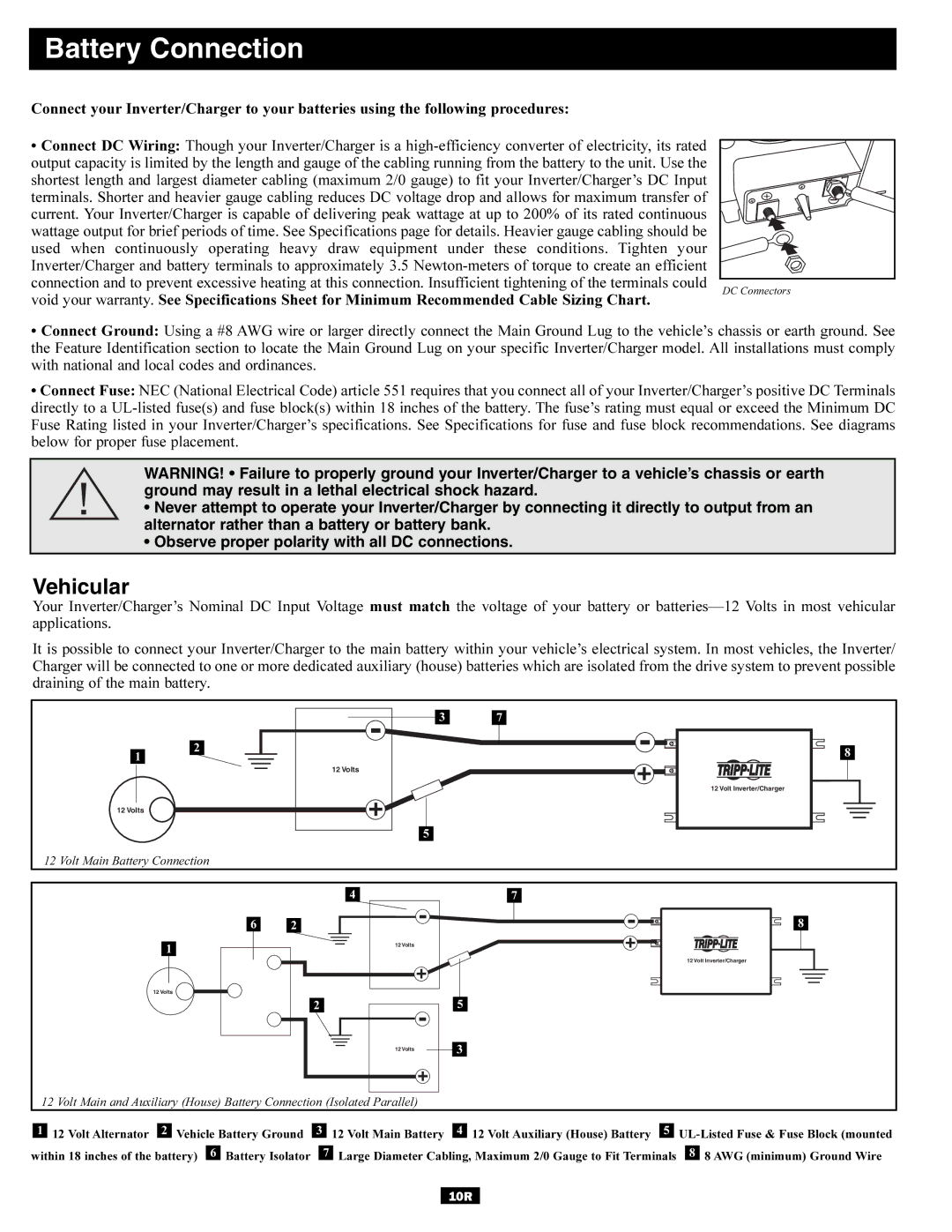 Tripp Lite 93-2642 owner manual Battery Connection, Vehicular 