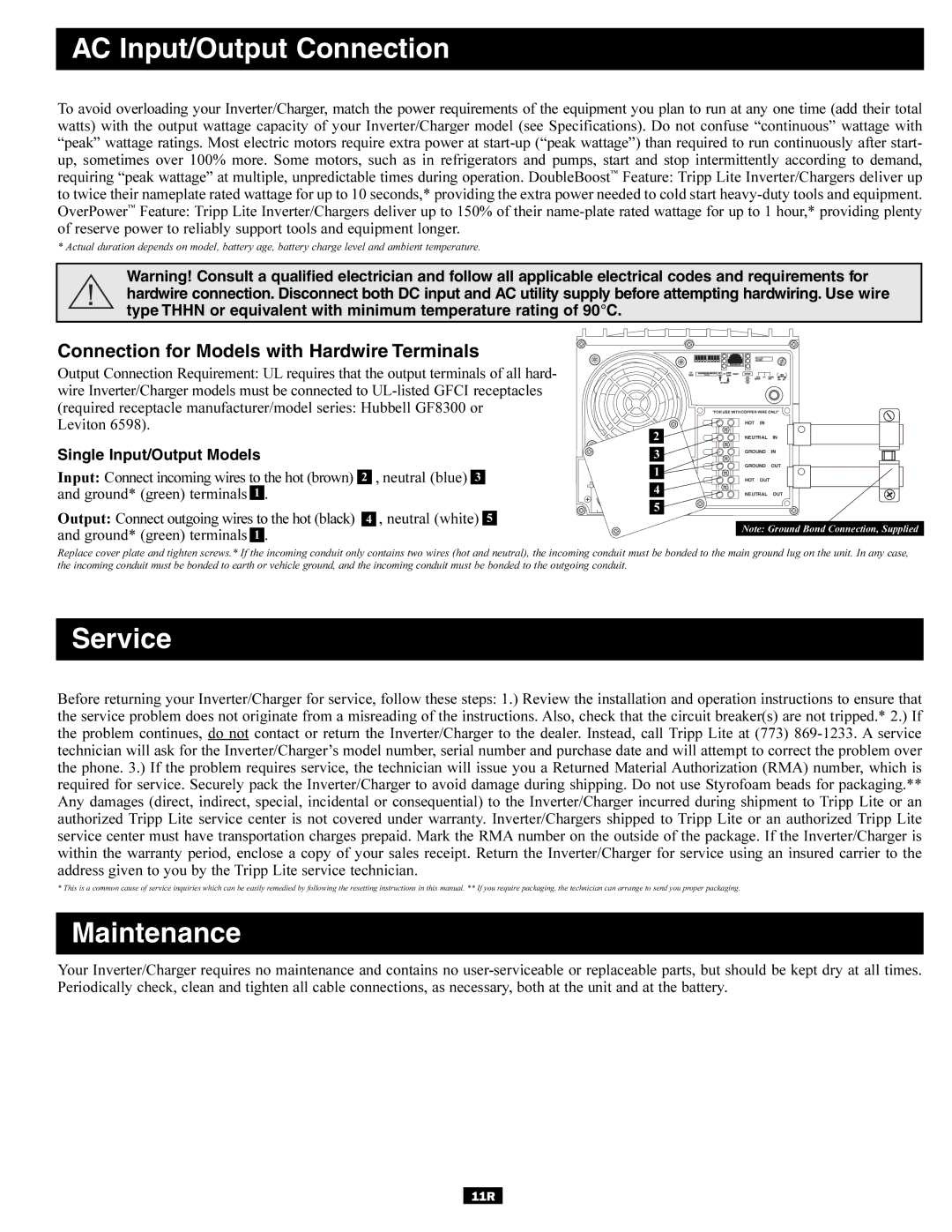 Tripp Lite 93-2642 owner manual AC Input/Output Connection, Service, Maintenance 