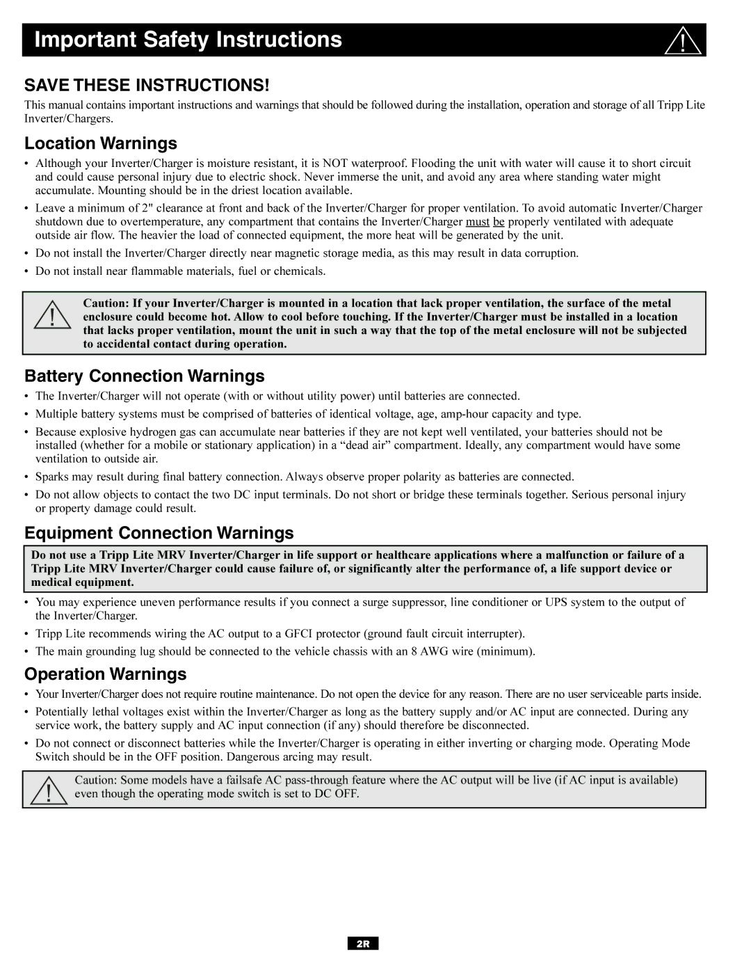 Tripp Lite 93-2642 Important Safety Instructions, Location Warnings, Battery Connection Warnings, Operation Warnings 