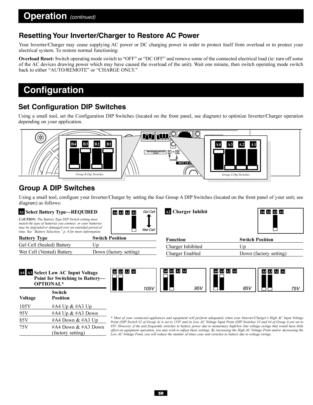 Tripp Lite 93-2642 owner manual Resetting Your Inverter/Charger to Restore AC Power, Set Configuration DIP Switches 