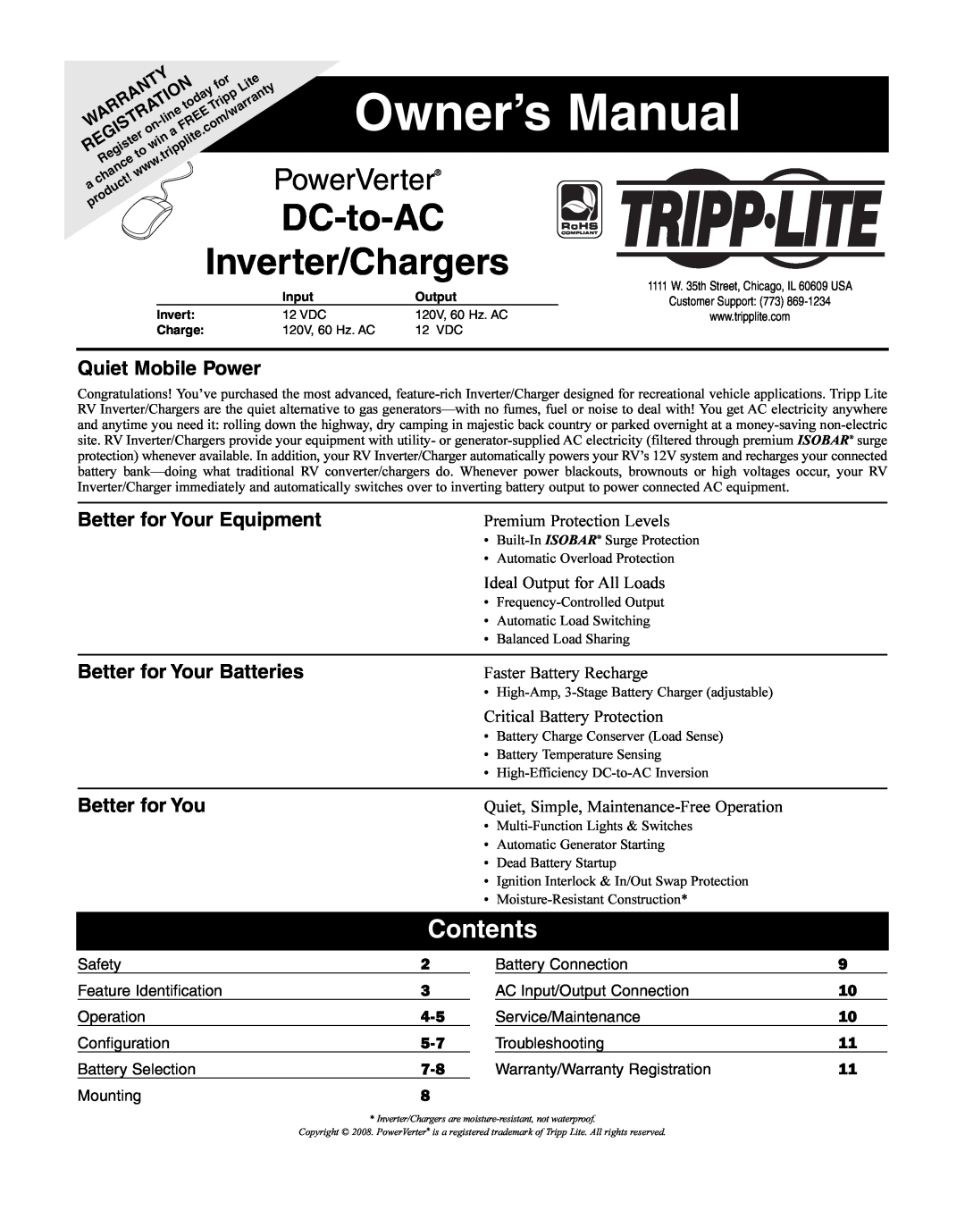 Tripp Lite 200712159 owner manual Contents, Quiet Mobile Power, Better for Your Equipment, Better for Your Batteries 