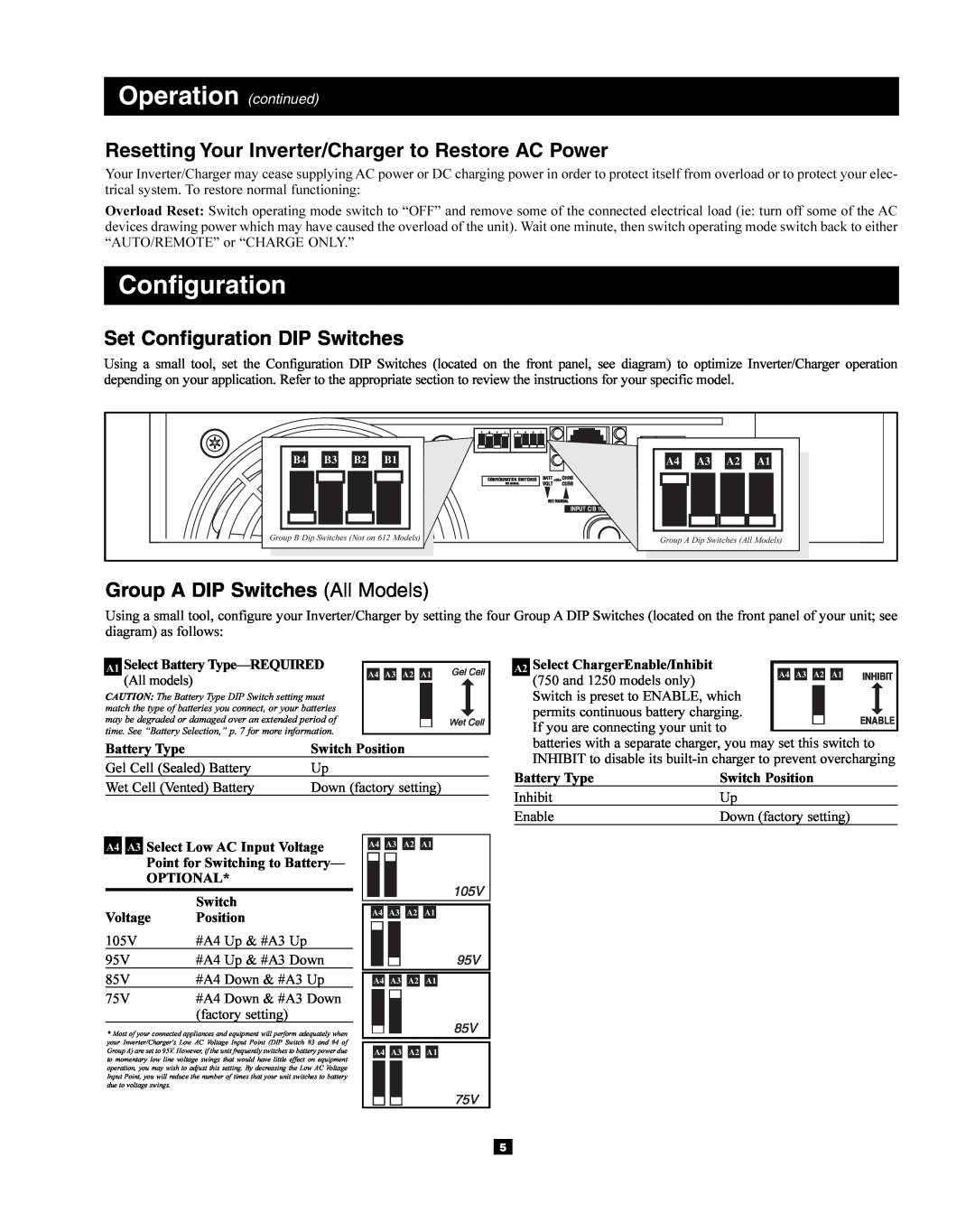 Tripp Lite 200712159, 93-2768 Resetting Your Inverter/Charger to Restore AC Power, Set Configuration DIP Switches 