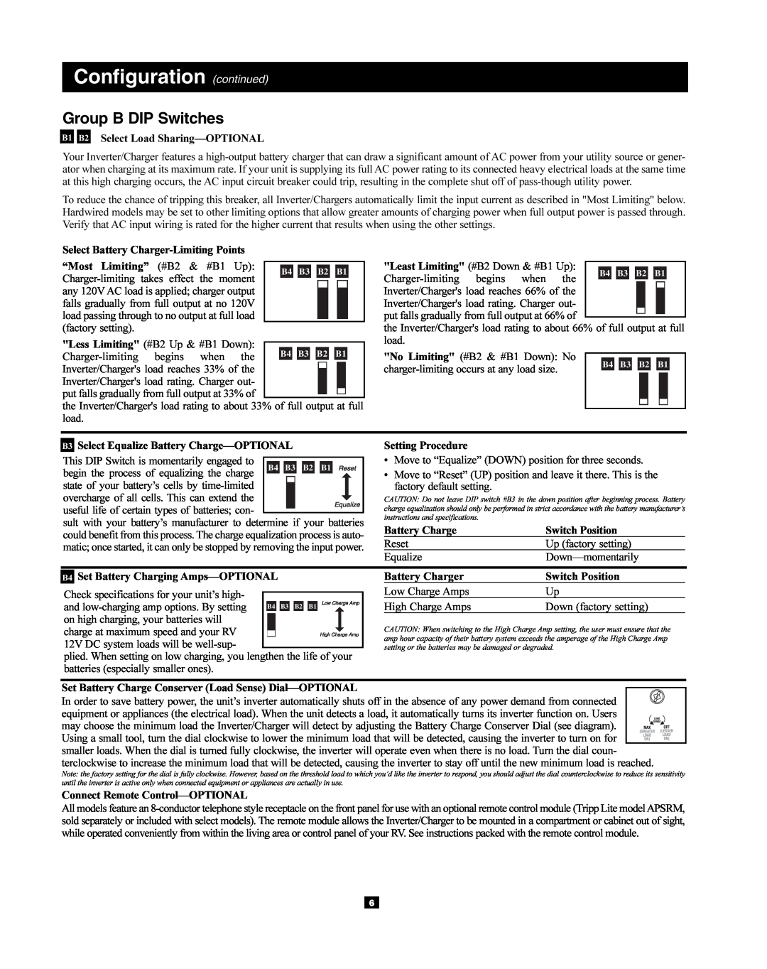 Tripp Lite 93-2768, 200712159 owner manual Configuration continued, Group B DIP Switches 