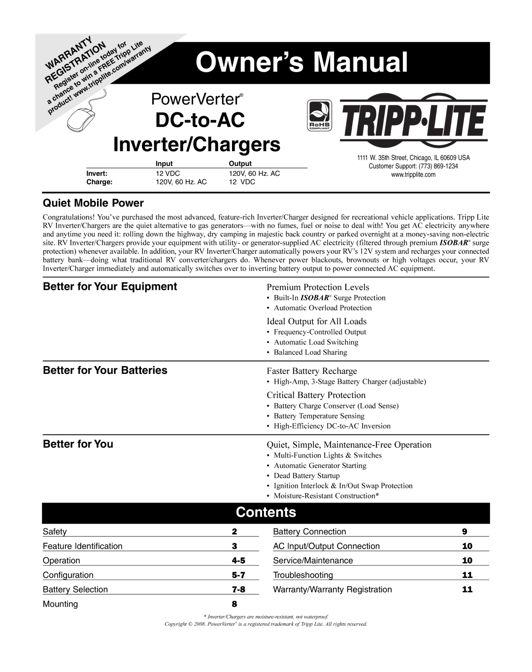 Tripp Lite 200712159, 93-2768 owner manual DC-to-AC Inverter/Chargers, Contents 