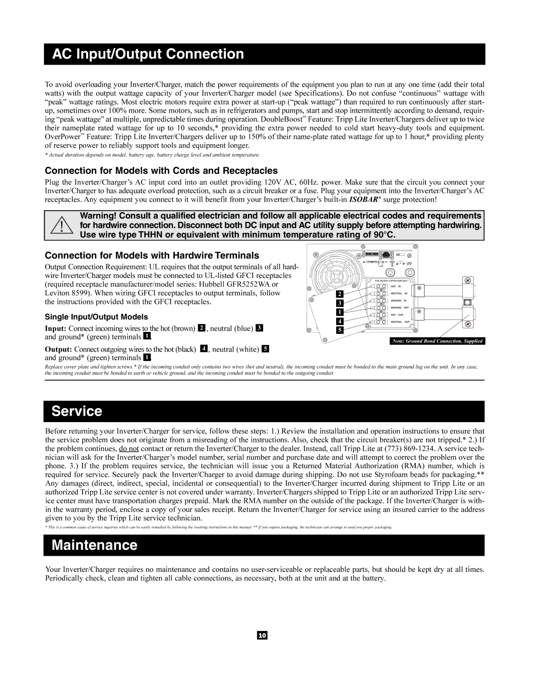 Tripp Lite 93-2768, 200712159 owner manual AC Input/Output Connection, Service, Maintenance, Single Input/Output Models 