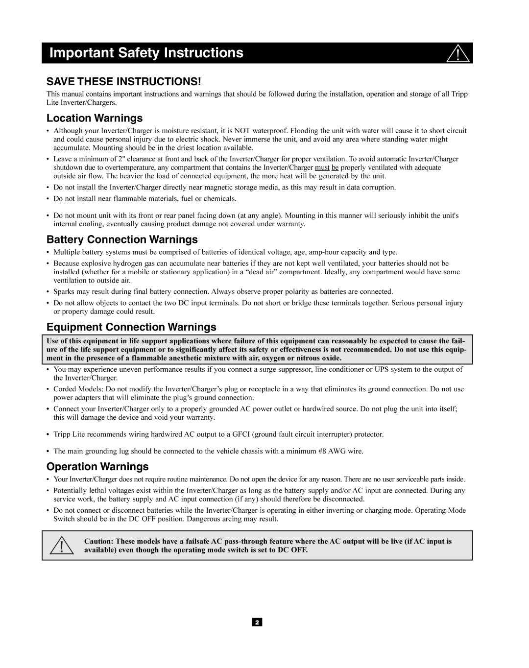 Tripp Lite 93-2768 Important Safety Instructions, Location Warnings, Battery Connection Warnings, Operation Warnings 