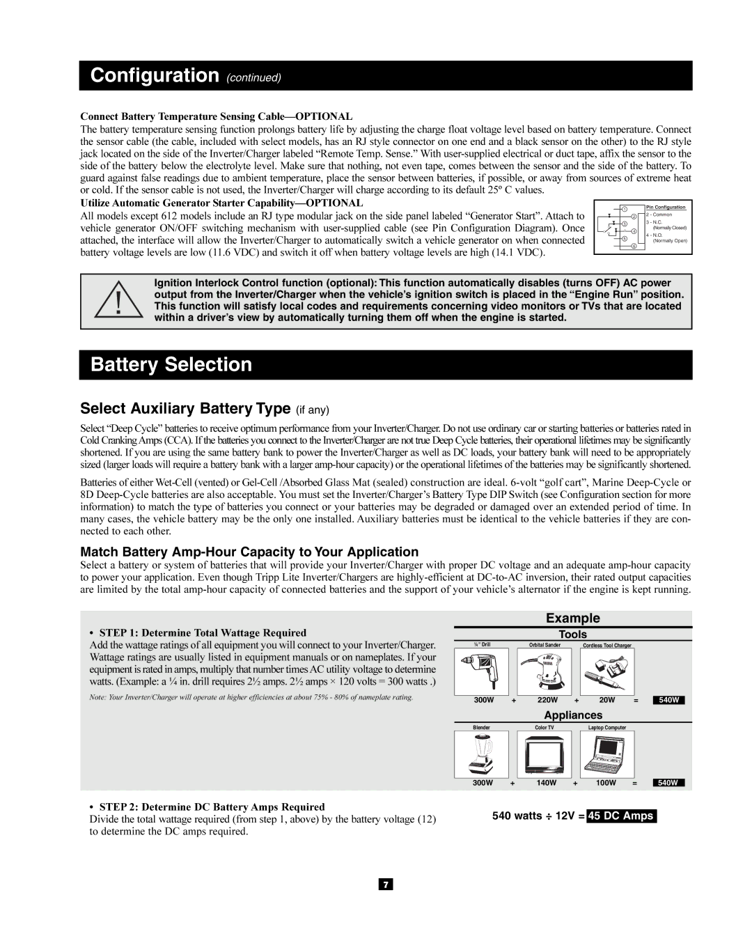 Tripp Lite 200712159 Battery Selection, Select Auxiliary Battery Type if any, Tools, Appliances, Watts ÷ 12V = 45 DC Amps 