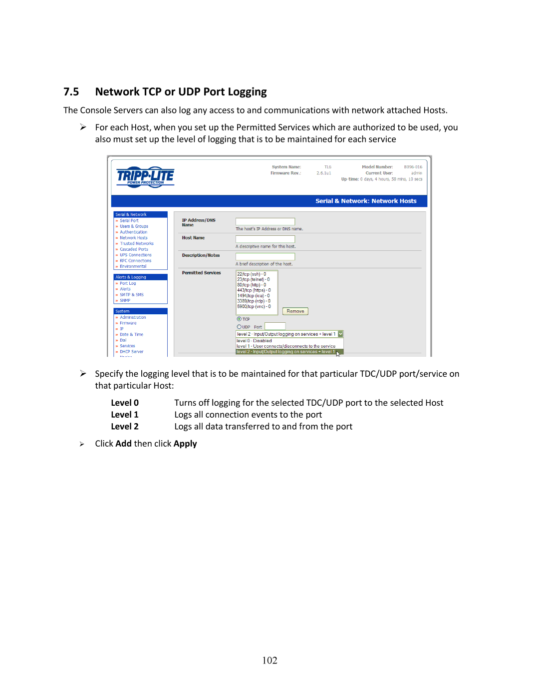 Tripp Lite 93-2879, B096-048, B096-016 owner manual Network TCP or UDP Port Logging, 102, Level 