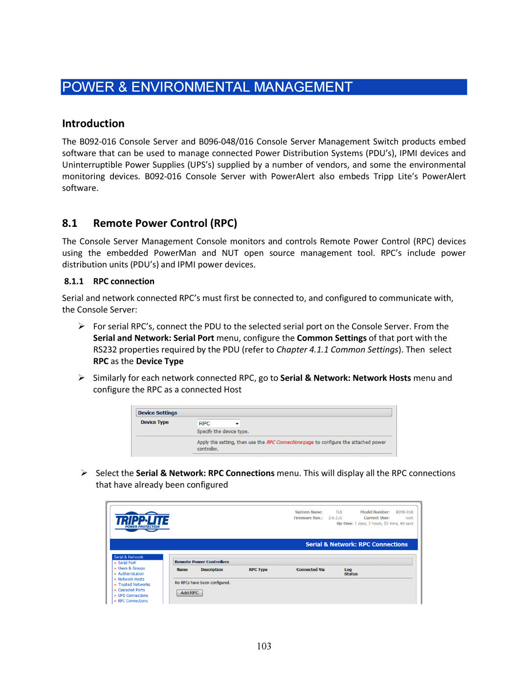 Tripp Lite B096-048, 93-2879, B096-016 owner manual Remote Power Control RPC, 103, RPC connection 