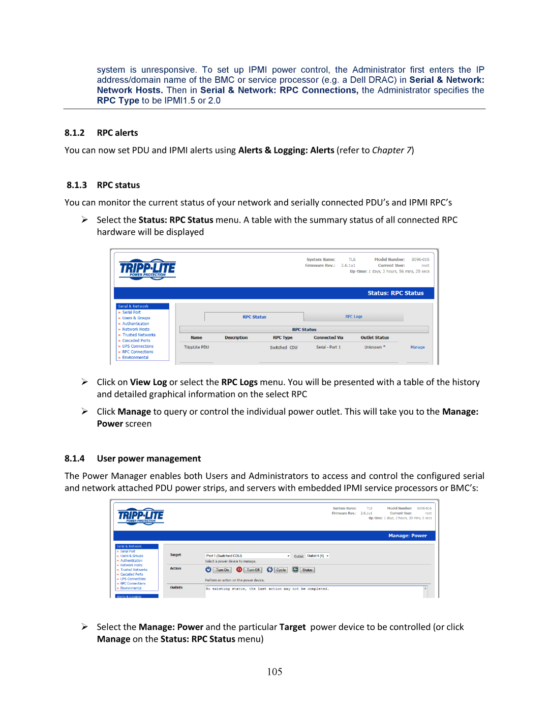 Tripp Lite 93-2879, B096-048 105, RPC alerts, RPC status, User power management, Manage on the Status RPC Status menu 