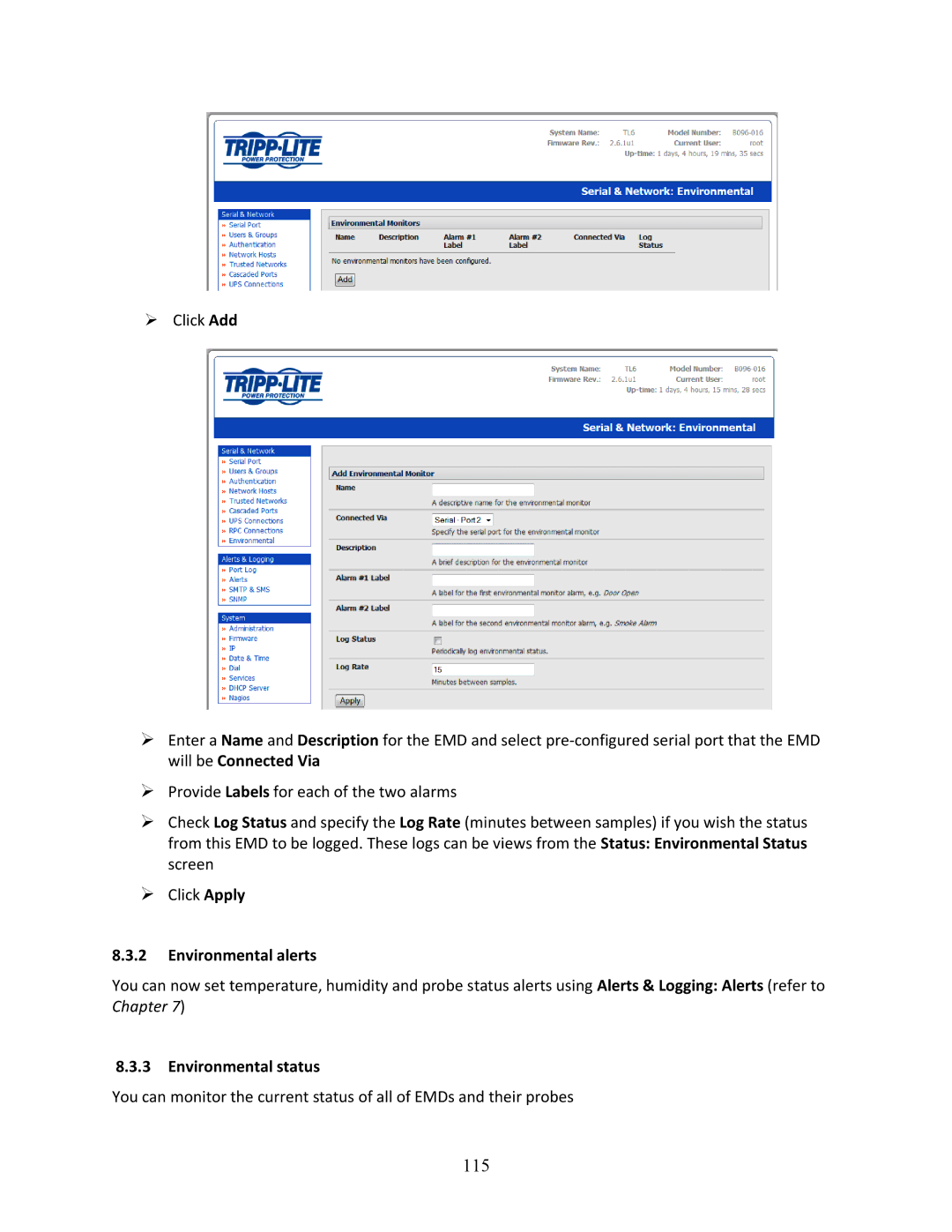 Tripp Lite B096-048, 93-2879, B096-016 owner manual 115, Environmental alerts, Environmental status 