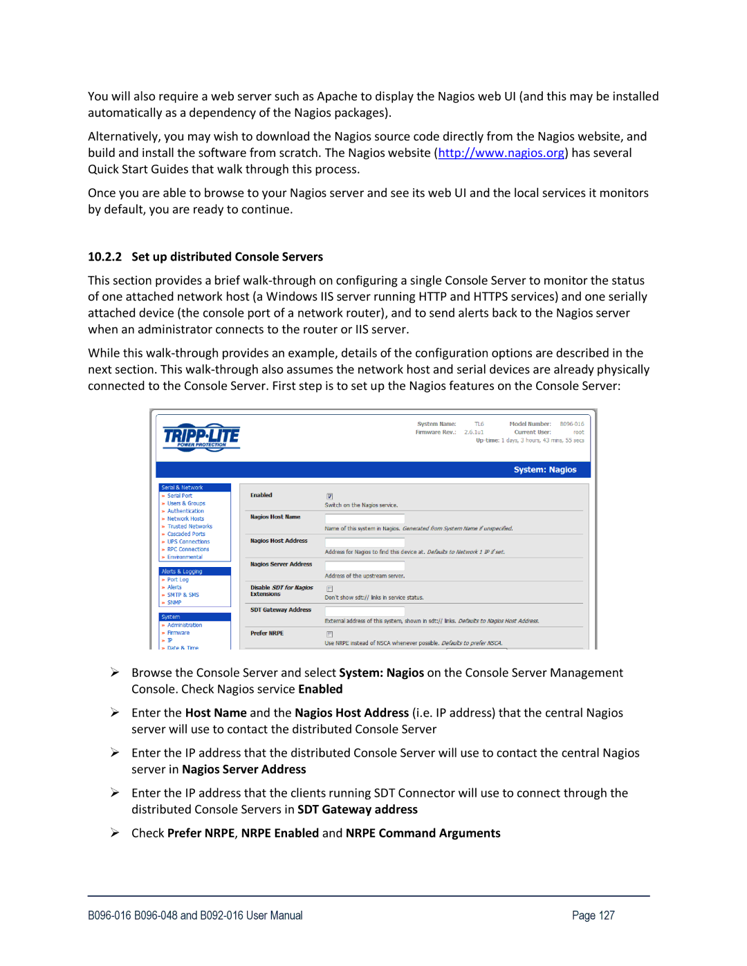 Tripp Lite B096-048 Set up distributed Console Servers, Check Prefer NRPE, Nrpe Enabled and Nrpe Command Arguments 