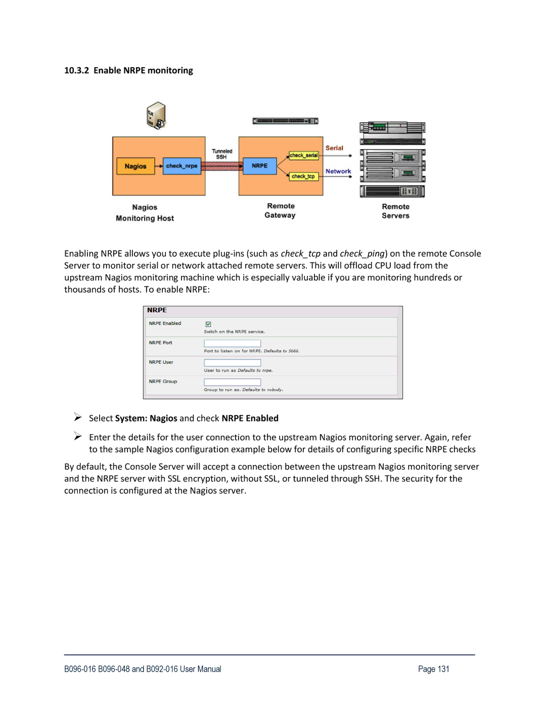 Tripp Lite B096-016, 93-2879, B096-048 owner manual Enable Nrpe monitoring, Select System Nagios and check Nrpe Enabled 