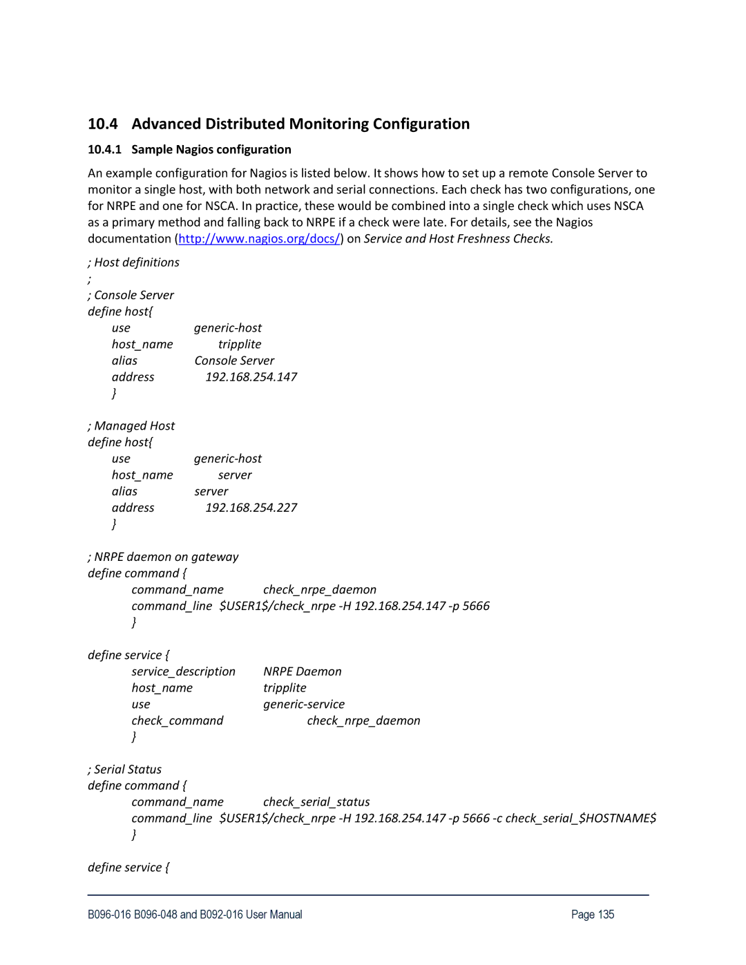 Tripp Lite 93-2879, B096-048, B096-016 Advanced Distributed Monitoring Configuration, Sample Nagios configuration 