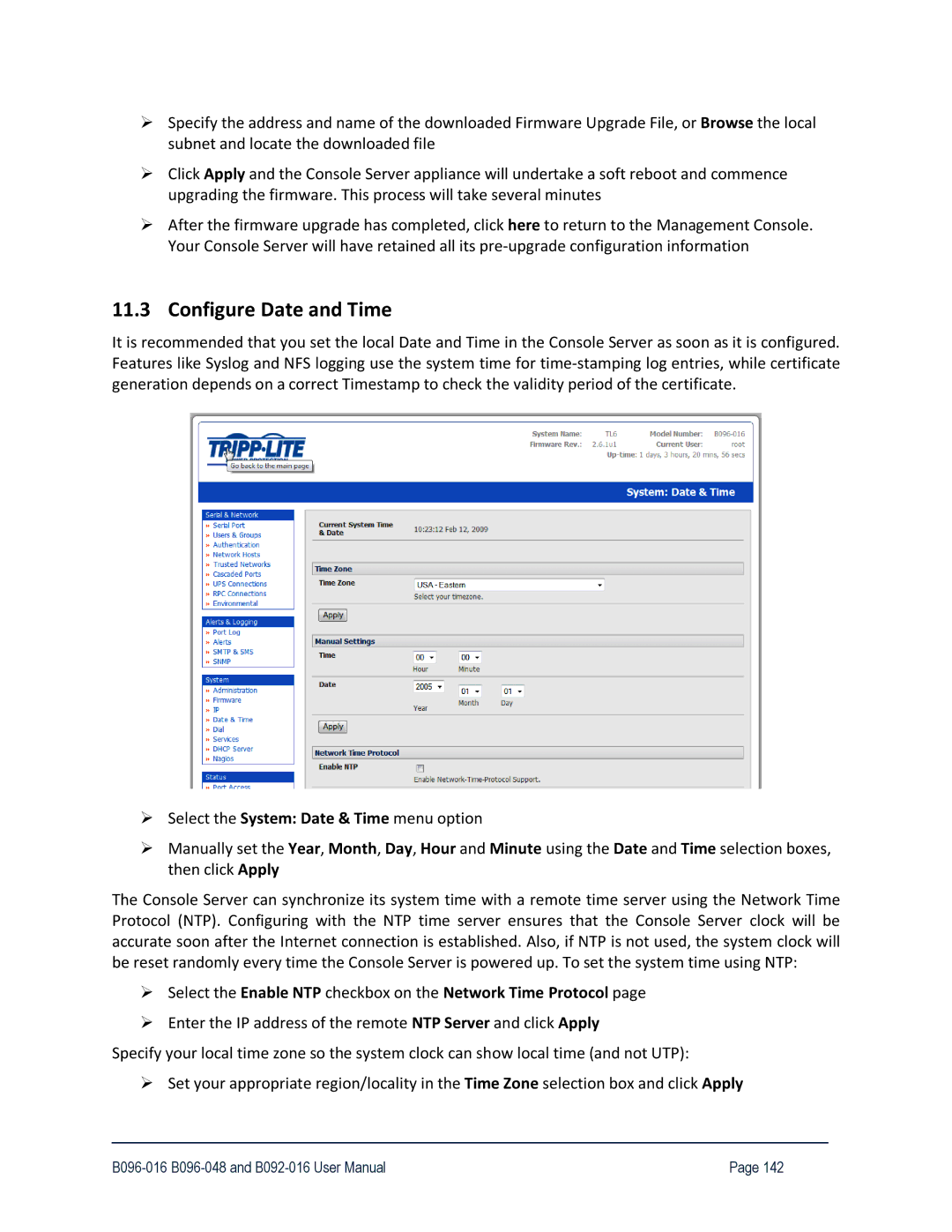 Tripp Lite B096-048, 93-2879, B096-016 Configure Date and Time, Select the Enable NTP checkbox on the Network Time Protocol 