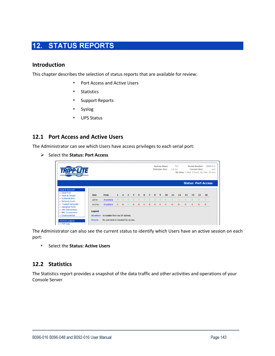 Tripp Lite B096-016, 93-2879 Status Reports, Port Access and Active Users, Statistics, Select the Status Port Access 