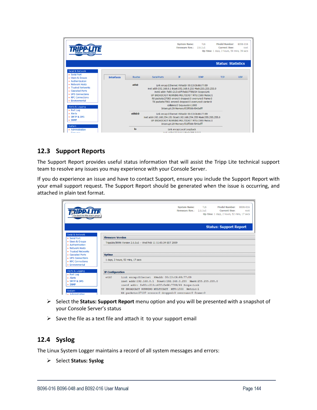 Tripp Lite 93-2879, B096-048, B096-016 owner manual Support Reports, Select Status Syslog 