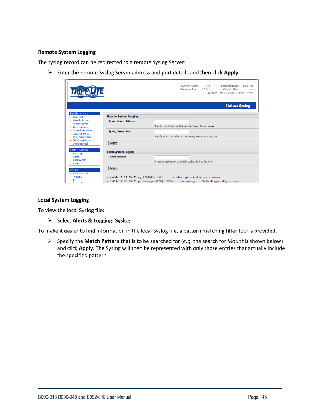 Tripp Lite B096-048, 93-2879, B096-016 Remote System Logging, Local System Logging, Select Alerts & Logging Syslog 