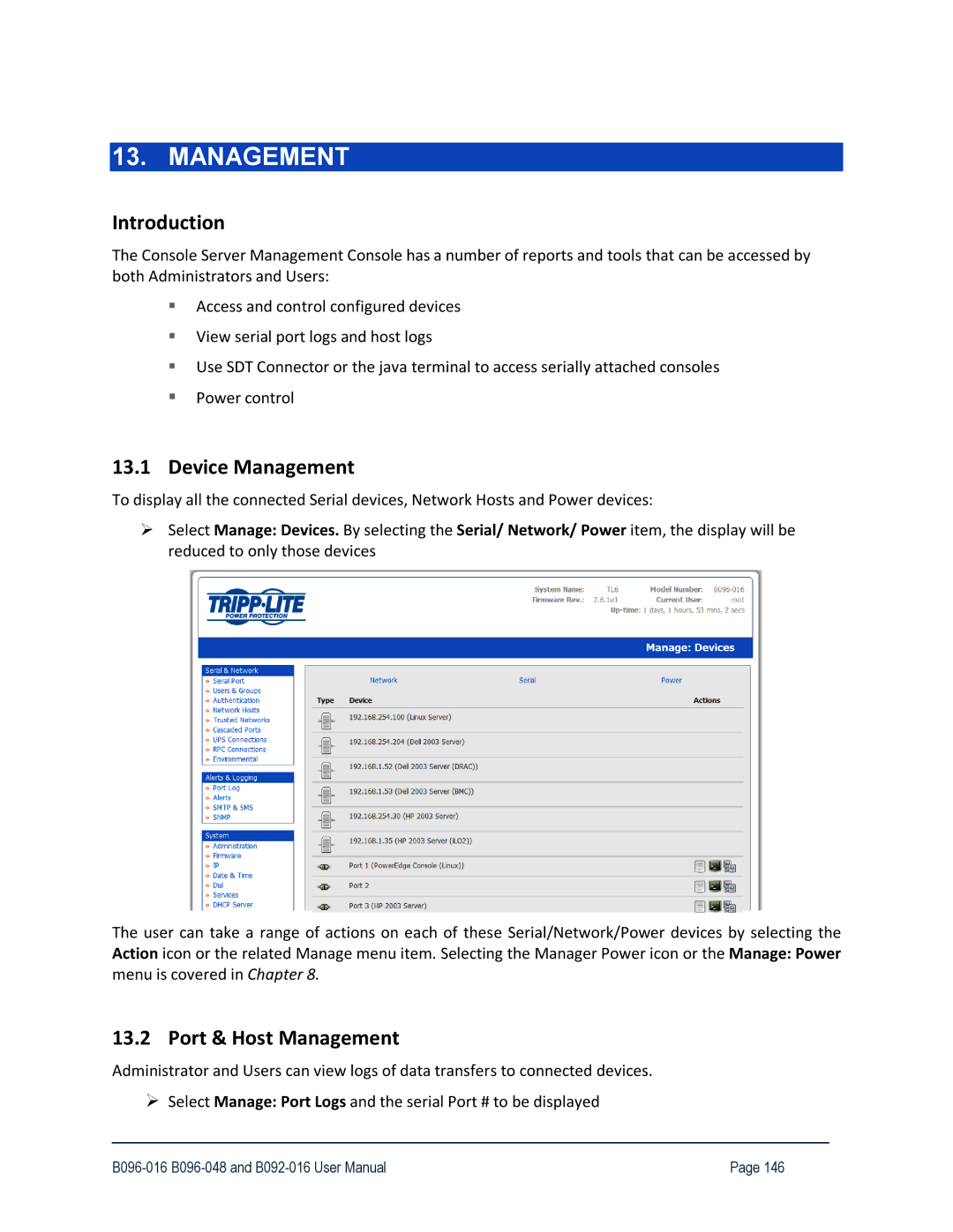 Tripp Lite B096-016, 93-2879, B096-048 owner manual Device Management, Port & Host Management 