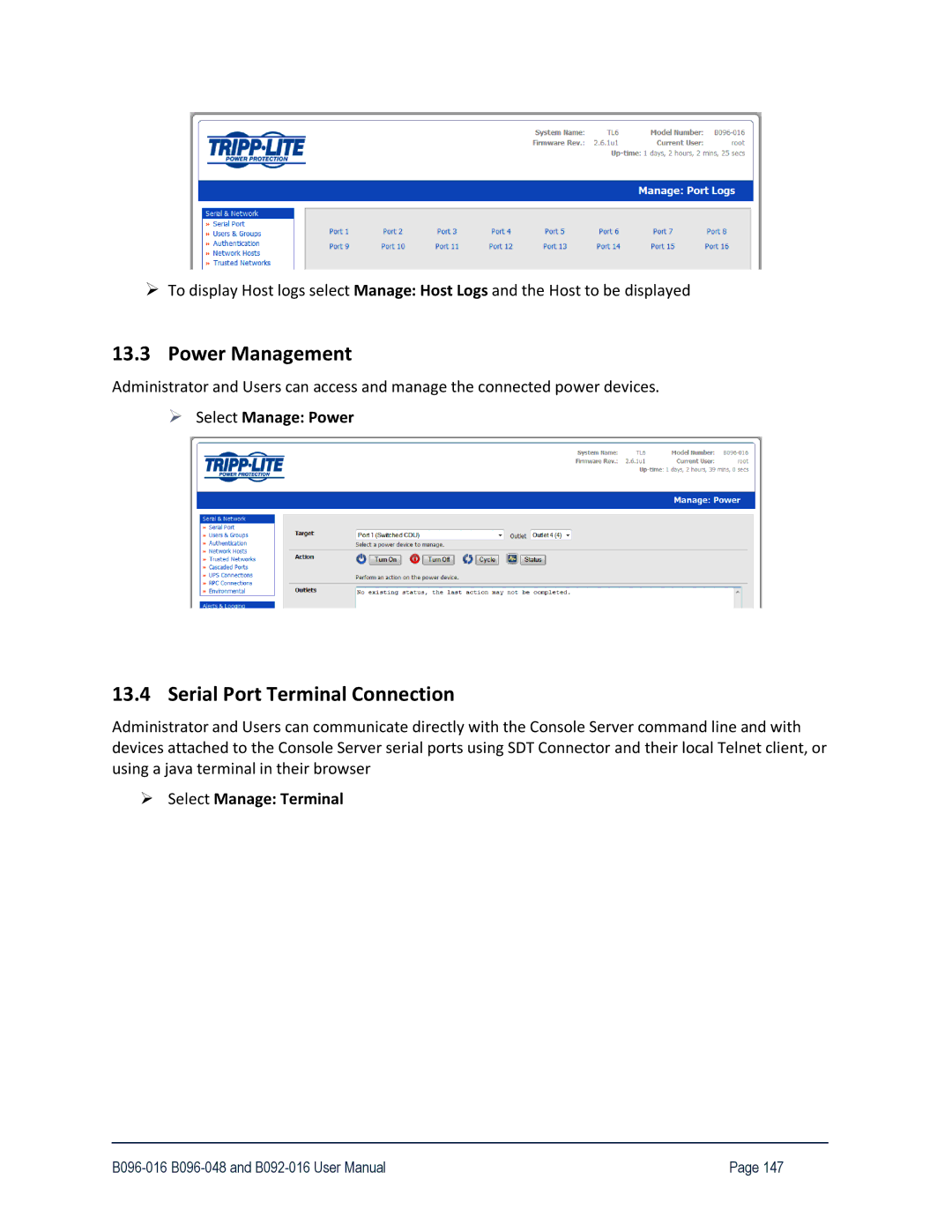 Tripp Lite 93-2879 Power Management, Serial Port Terminal Connection, Select Manage Power, Select Manage Terminal 