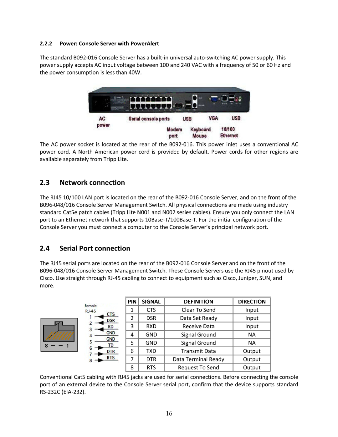 Tripp Lite B096-048, 93-2879, B096-016 Network connection, Serial Port connection, Power Console Server with PowerAlert 
