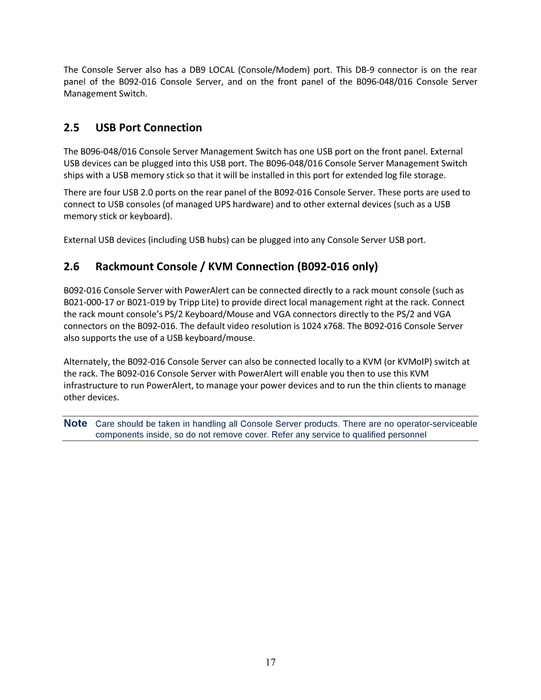Tripp Lite B096-016, 93-2879, B096-048 owner manual USB Port Connection, Rackmount Console / KVM Connection B092-016 only 
