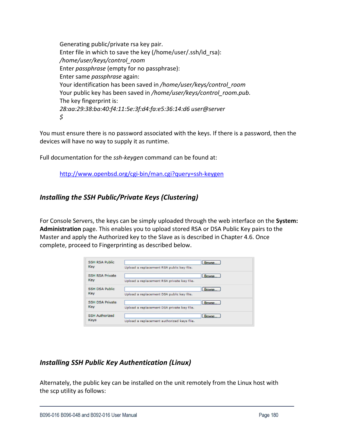 Tripp Lite 93-2879 Installing the SSH Public/Private Keys Clustering, Installing SSH Public Key Authentication Linux 