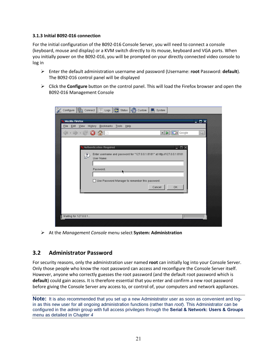 Tripp Lite 93-2879, B096-048, B096-016 owner manual Administrator Password, Initial B092-016 connection 