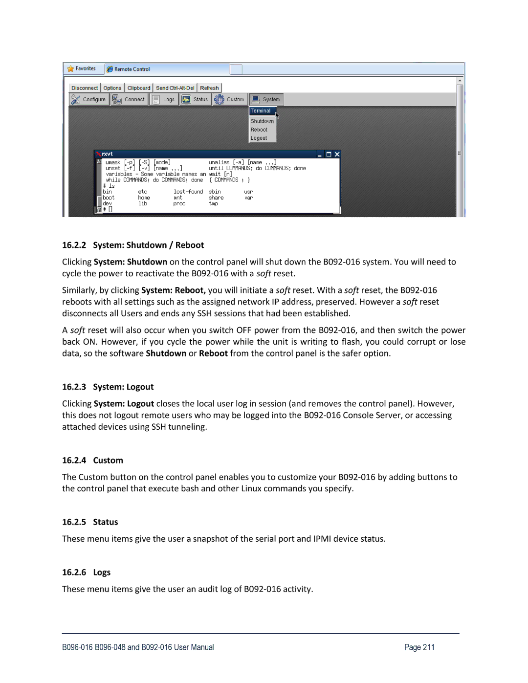 Tripp Lite B096-048, 93-2879, B096-016 owner manual System Shutdown / Reboot, System Logout, Custom, Status, Logs 