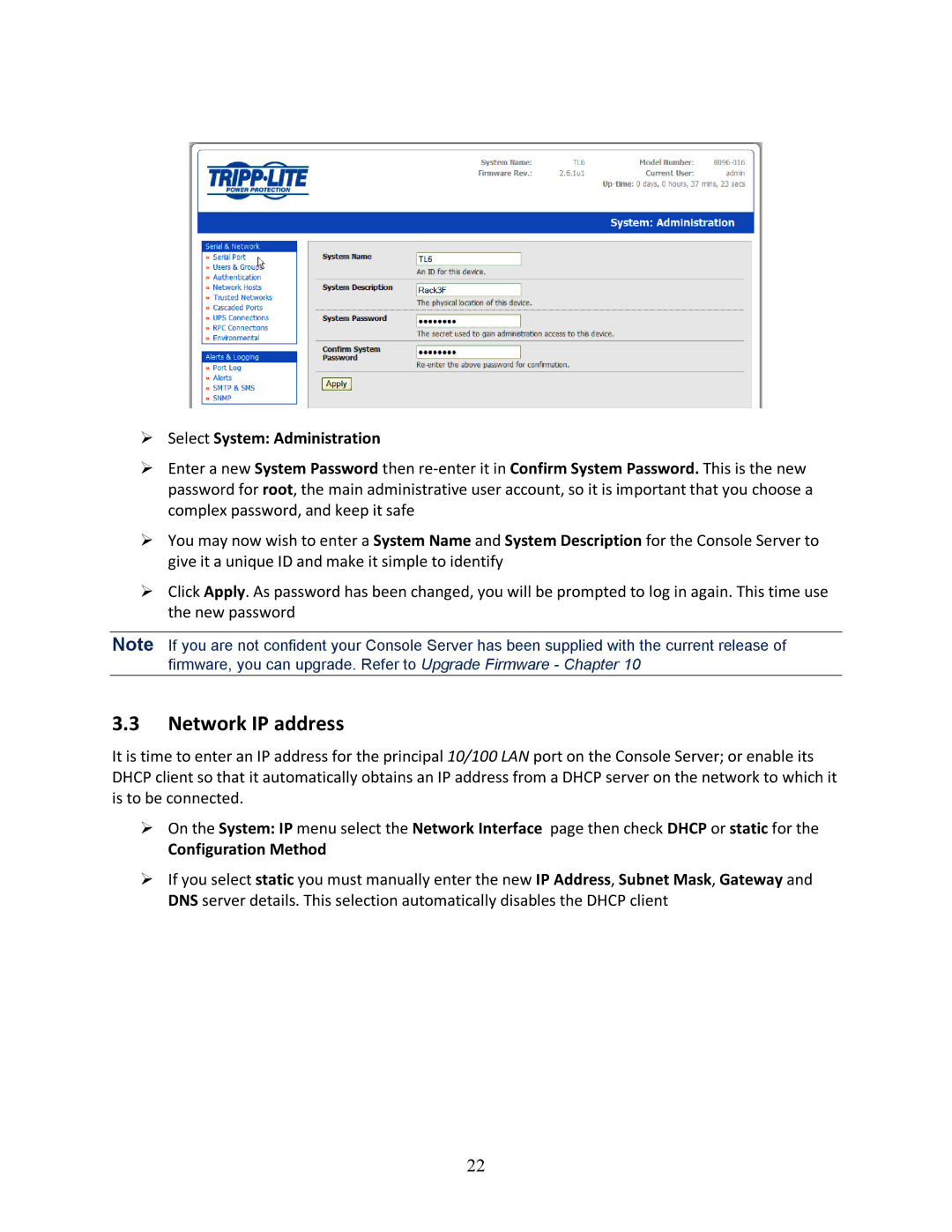 Tripp Lite B096-048, 93-2879, B096-016 owner manual Network IP address, Select System Administration, Configuration Method 