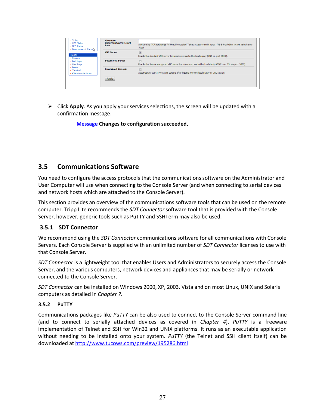 Tripp Lite 93-2879, B096-048, B096-016 Communications Software, Message Changes to configuration succeeded, PuTTY 