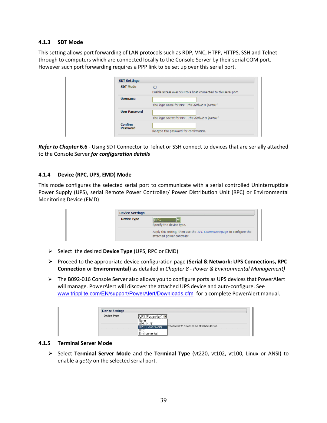 Tripp Lite 93-2879, B096-048, B096-016 owner manual SDT Mode, Device RPC, UPS, EMD Mode, Terminal Server Mode 