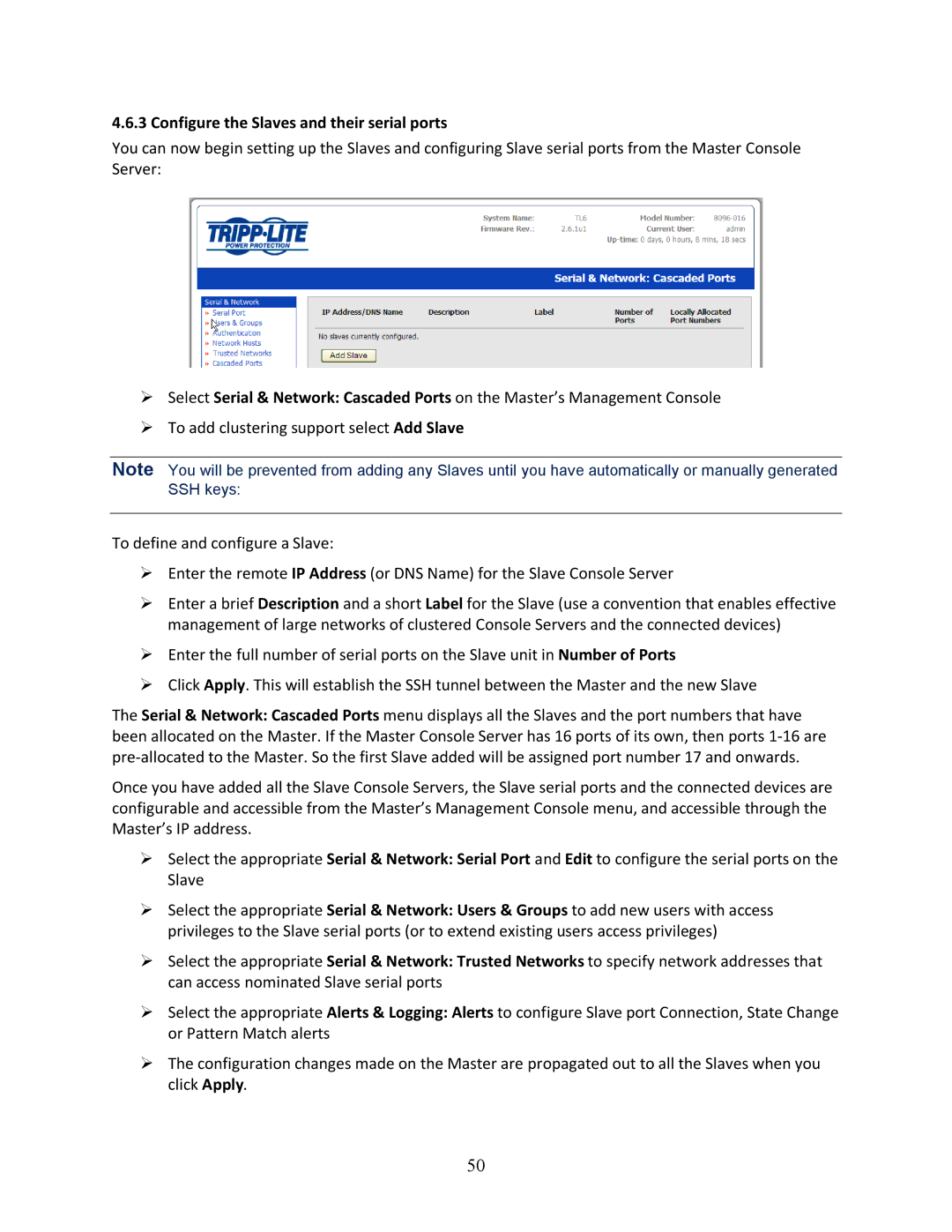 Tripp Lite B096-016, 93-2879, B096-048 owner manual Configure the Slaves and their serial ports 