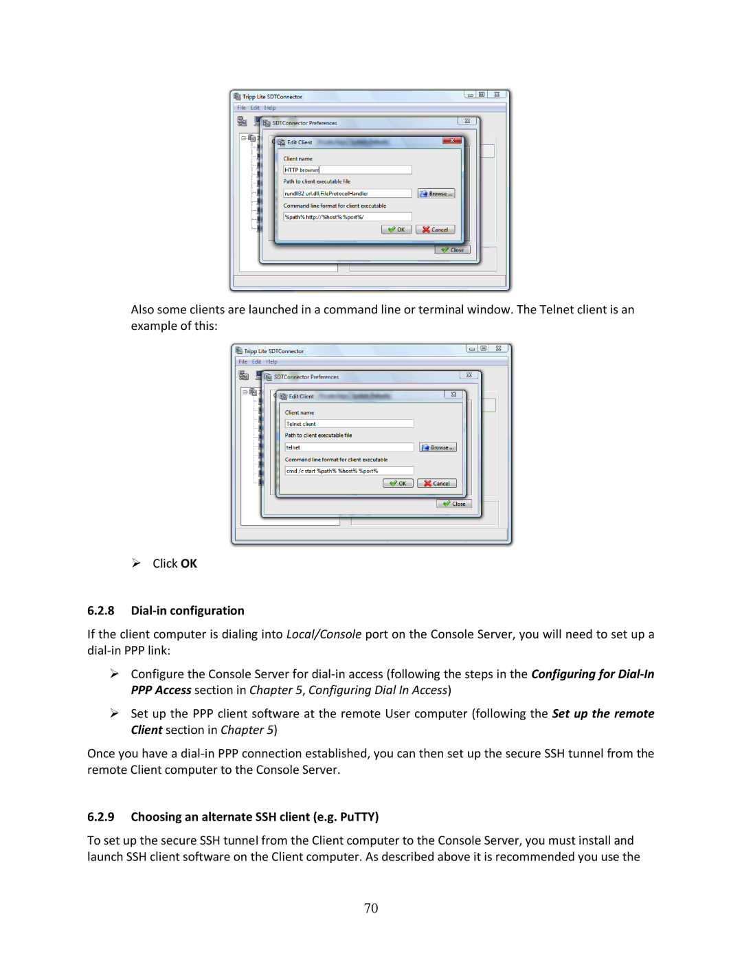 Tripp Lite B096-048, 93-2879, B096-016 owner manual Dial-in configuration, Choosing an alternate SSH client e.g. PuTTY 