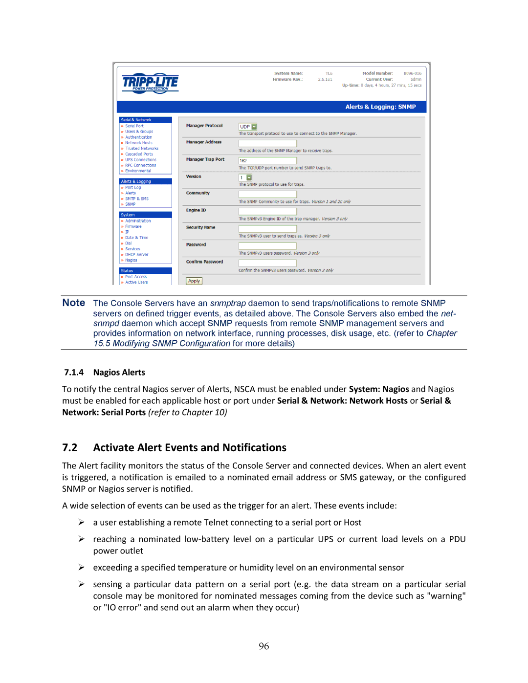 Tripp Lite 93-2879, B096-048 Activate Alert Events and Notifications, Nagios Alerts, Network Serial Ports refer to Chapter 