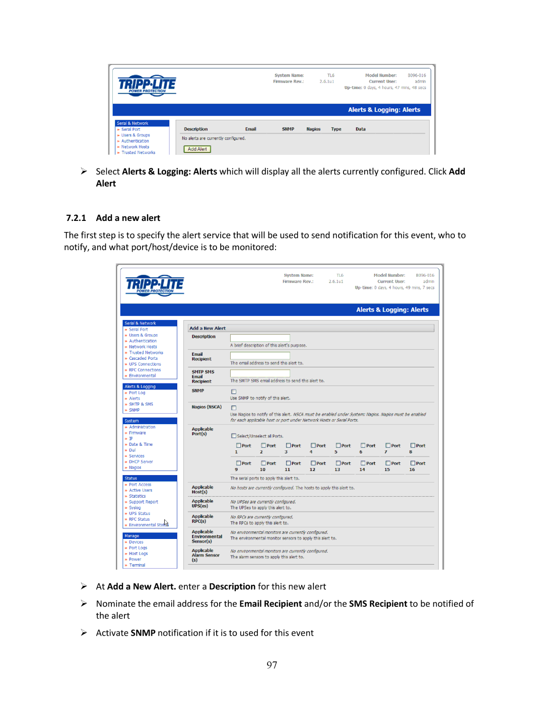 Tripp Lite B096-048, 93-2879, B096-016 owner manual Alert Add a new alert 