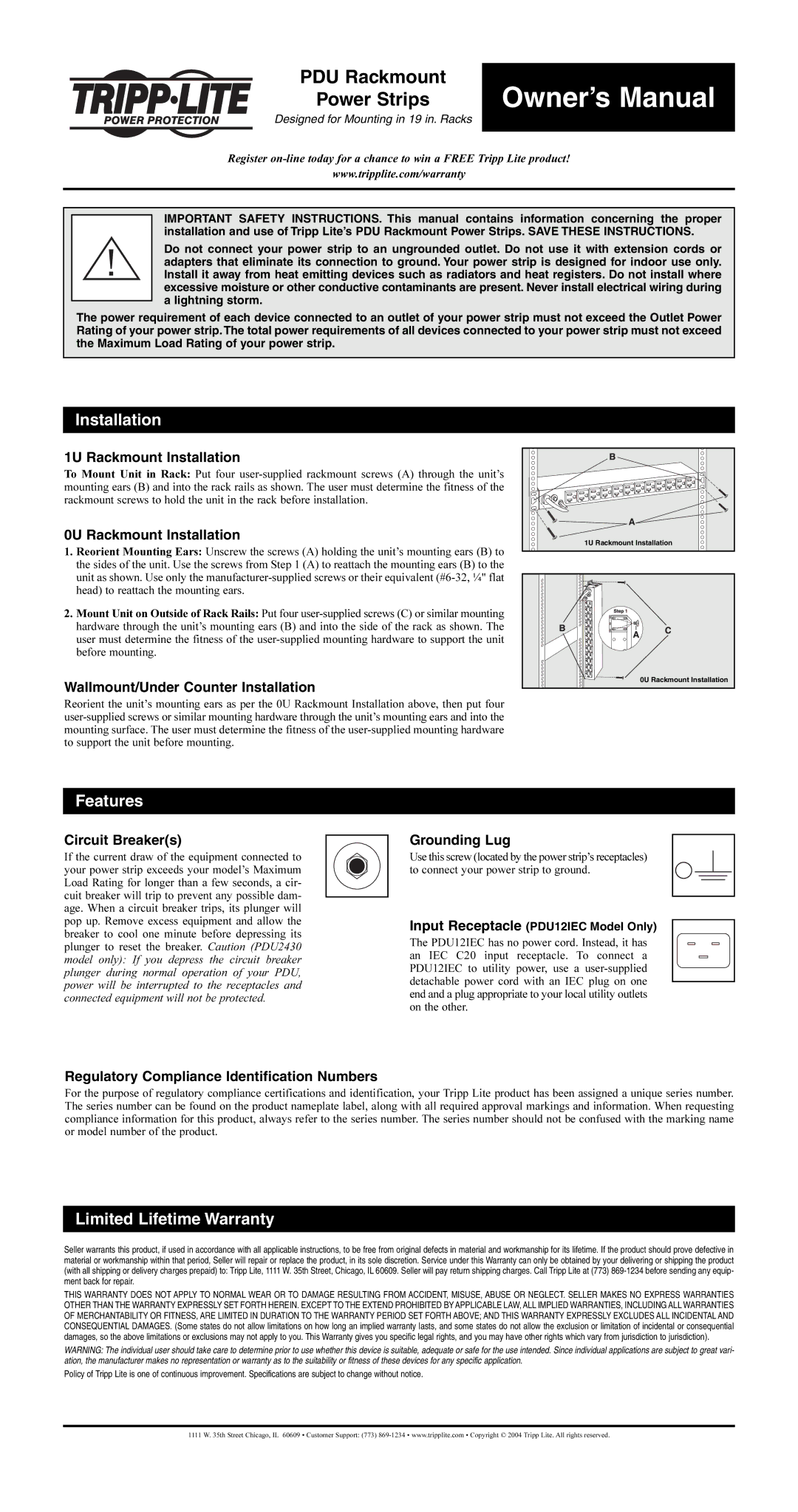 Tripp Lite 200407059, 932263 owner manual Installation, Features, Limited Lifetime Warranty 