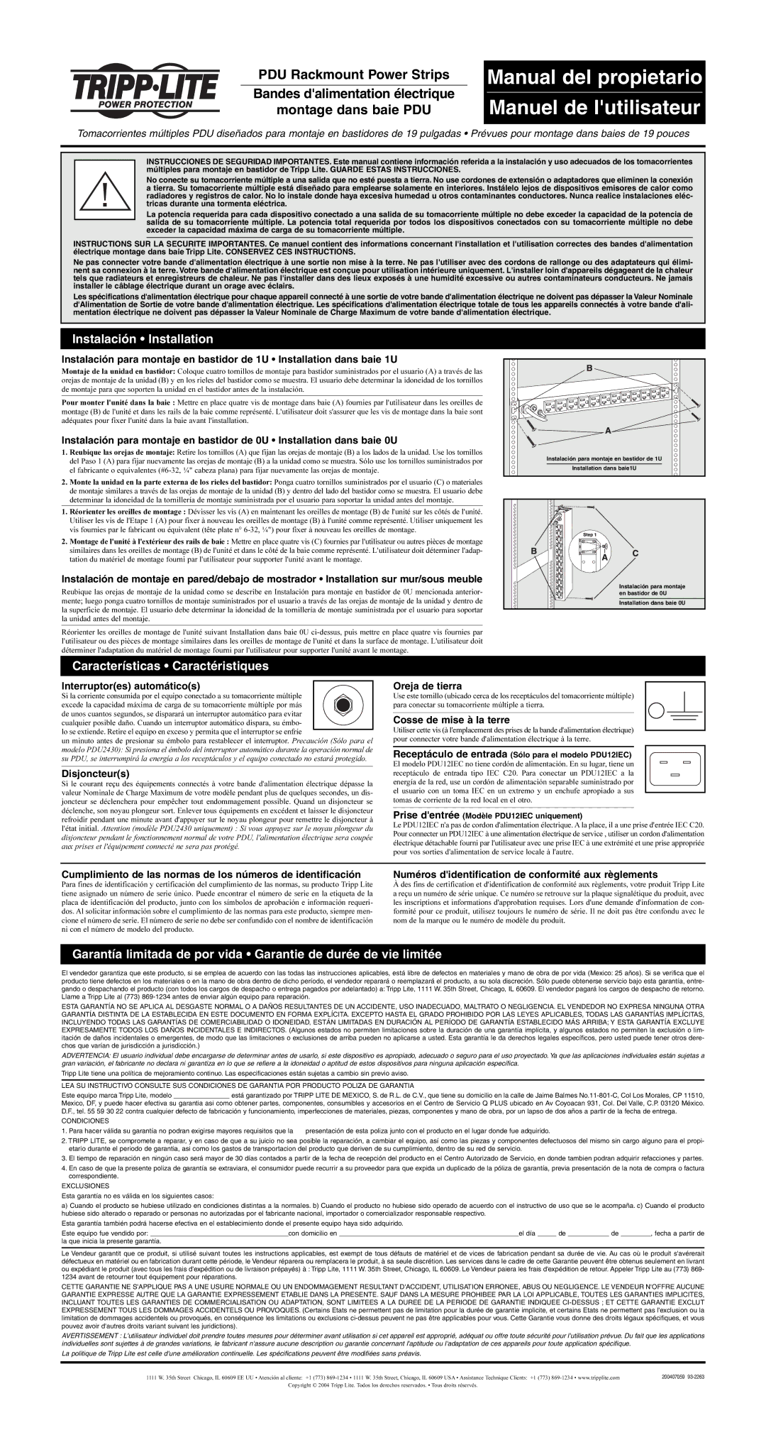 Tripp Lite 932263, 200407059 owner manual Interruptores automáticos, Disjoncteurs, Oreja de tierra, Cosse de mise à la terre 
