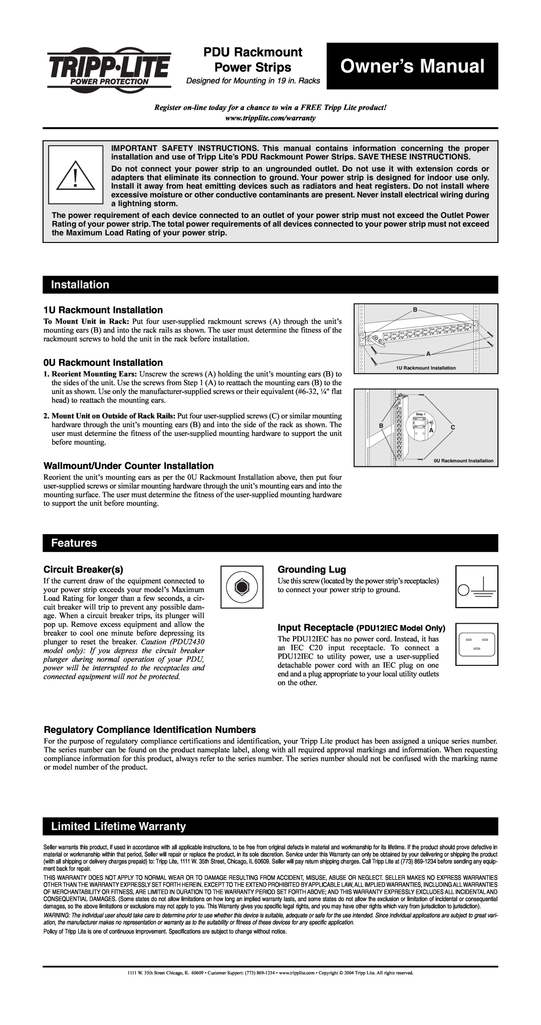 Tripp Lite 200407059 owner manual 1U Rackmount Installation, 0U Rackmount Installation, Circuit Breakers, Grounding Lug 