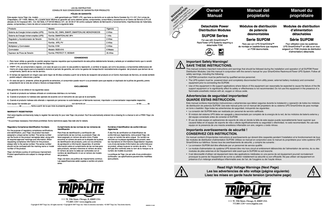Tripp Lite 932645 owner manual Owner’s Manual, Manual del, Manuel du, propietario, propriétaire, SUPDM Series 