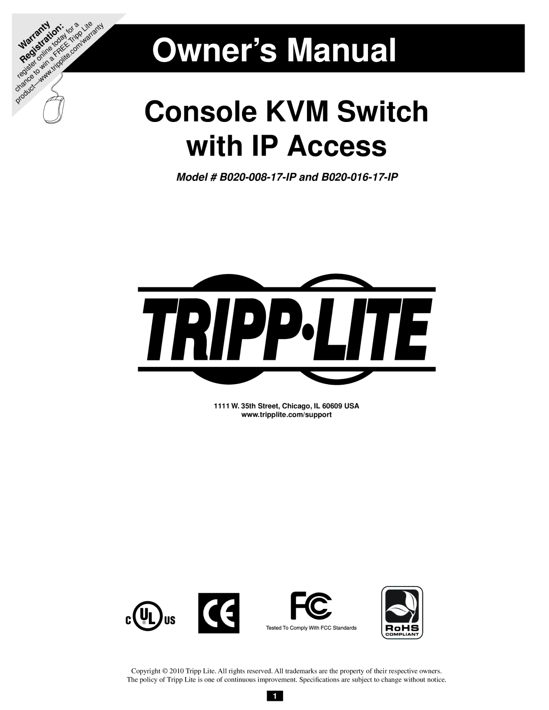 Tripp Lite 932845 owner manual Console KVM Switch With IP Access, Th Street, Chicago, IL 60609 USA 