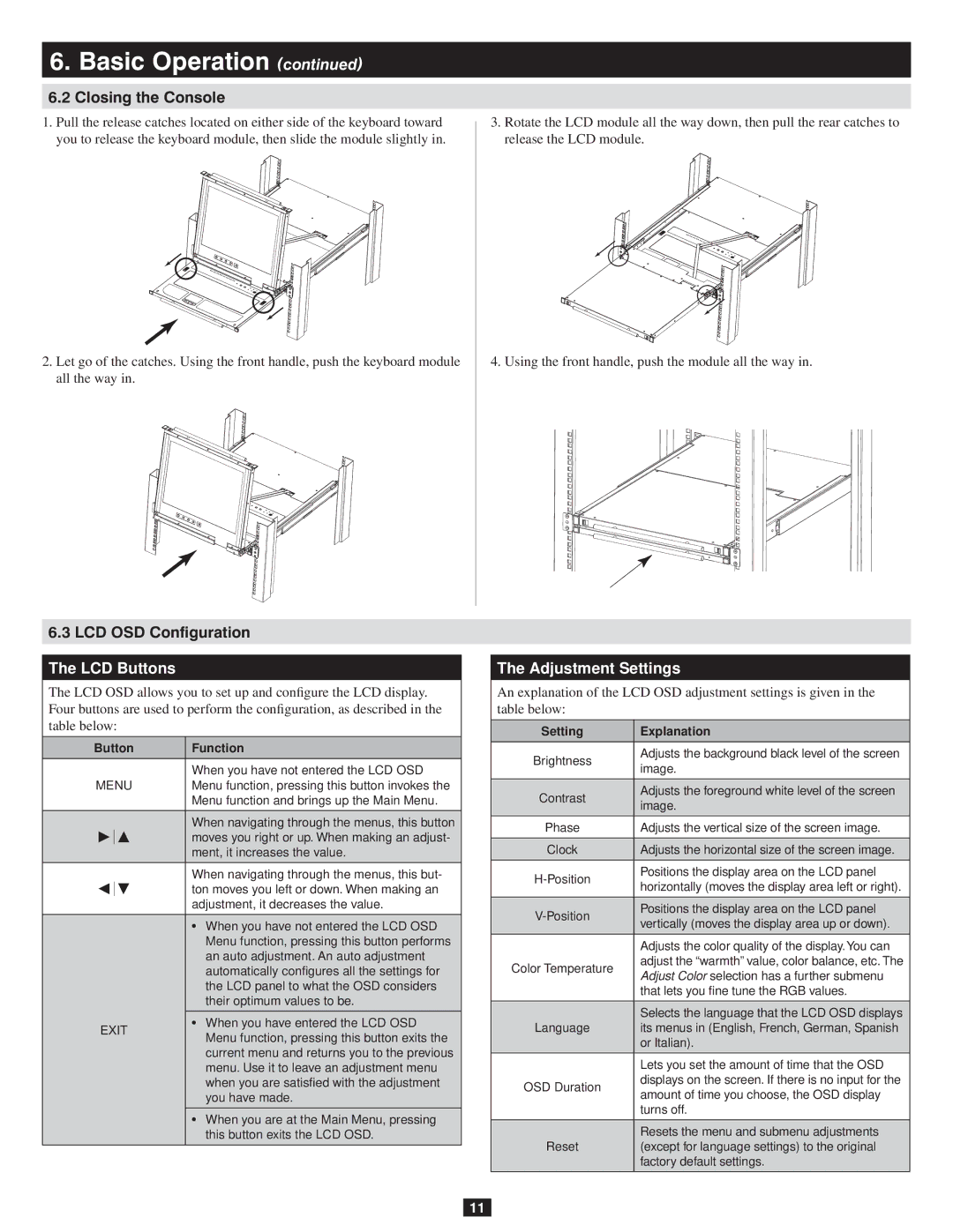 Tripp Lite 932845 owner manual Closing the Console, LCD OSD Configuration, LCD Buttons, Adjustment Settings 